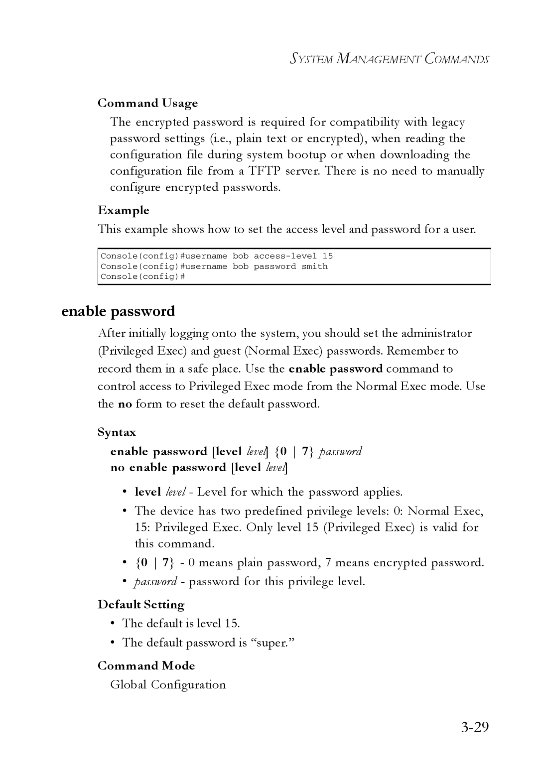 SMC Networks SMC7724M/VSW manual Enable password, Default is level Default password is super 