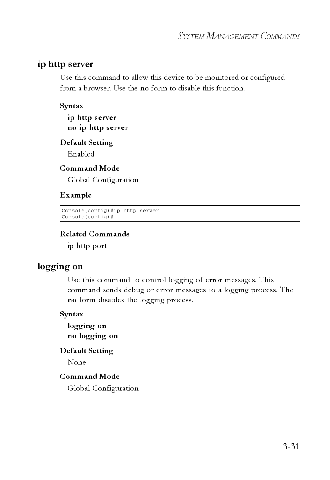 SMC Networks SMC7724M/VSW manual Logging on, Syntax Ip http server no ip http server Default Setting 