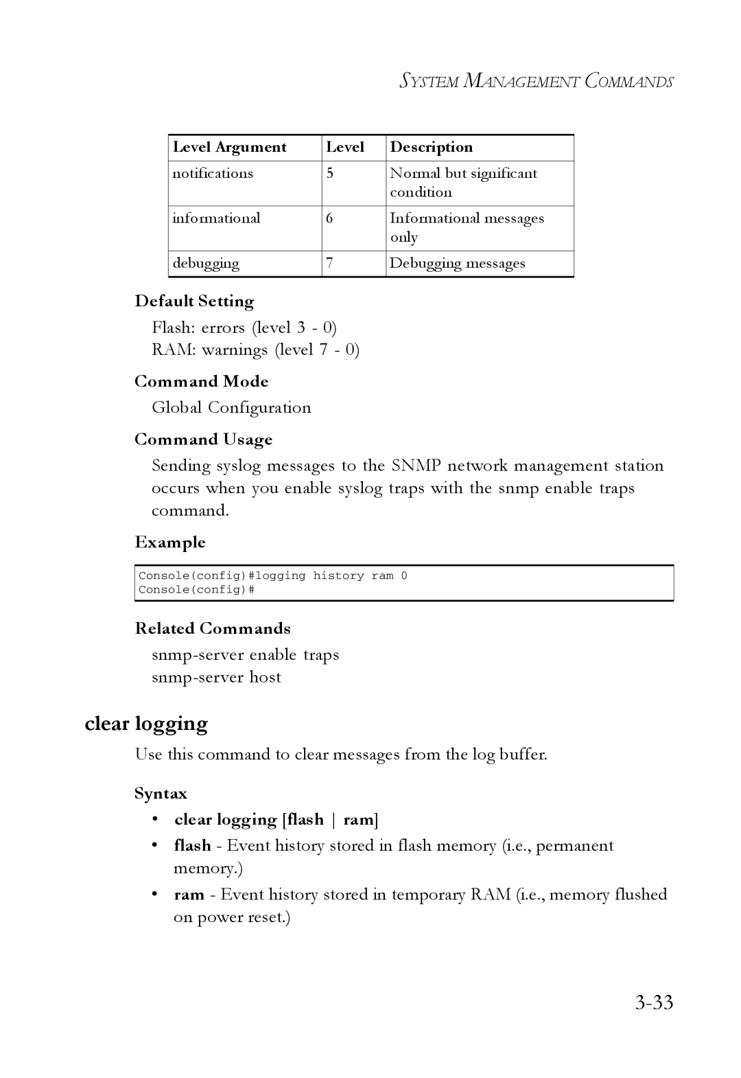 SMC Networks SMC7724M/VSW manual Flash errors level 3 RAM warnings level 7, Syntax Clear logging flash ram 