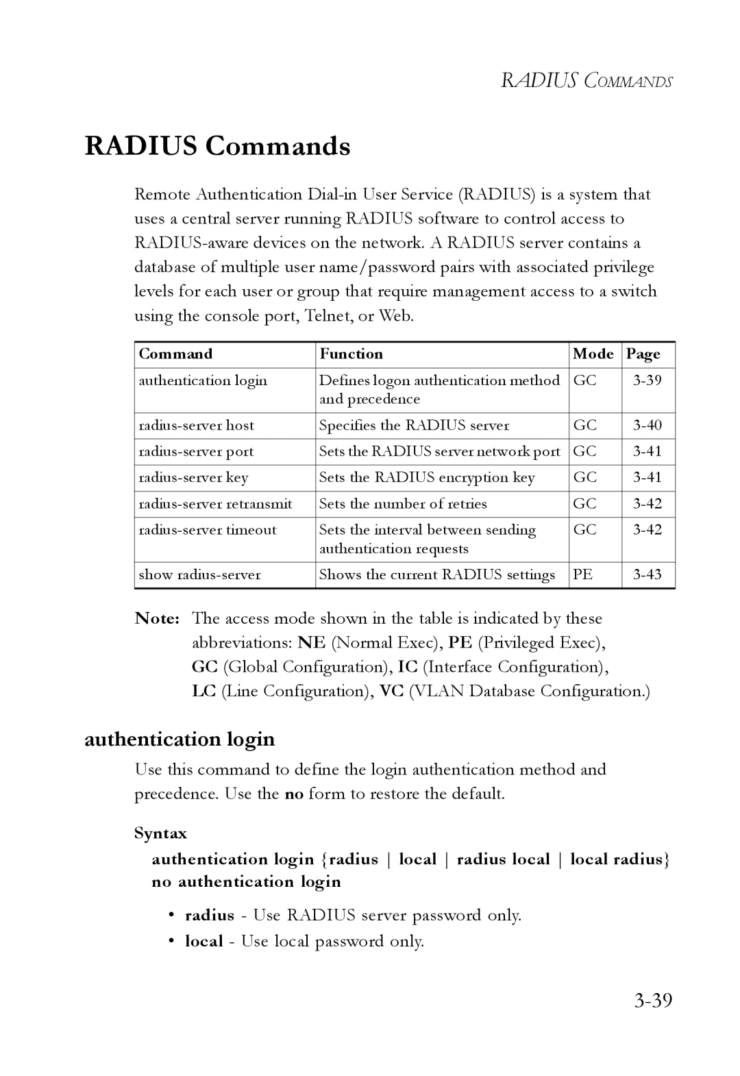 SMC Networks SMC7724M/VSW manual Radius Commands, Authentication login 