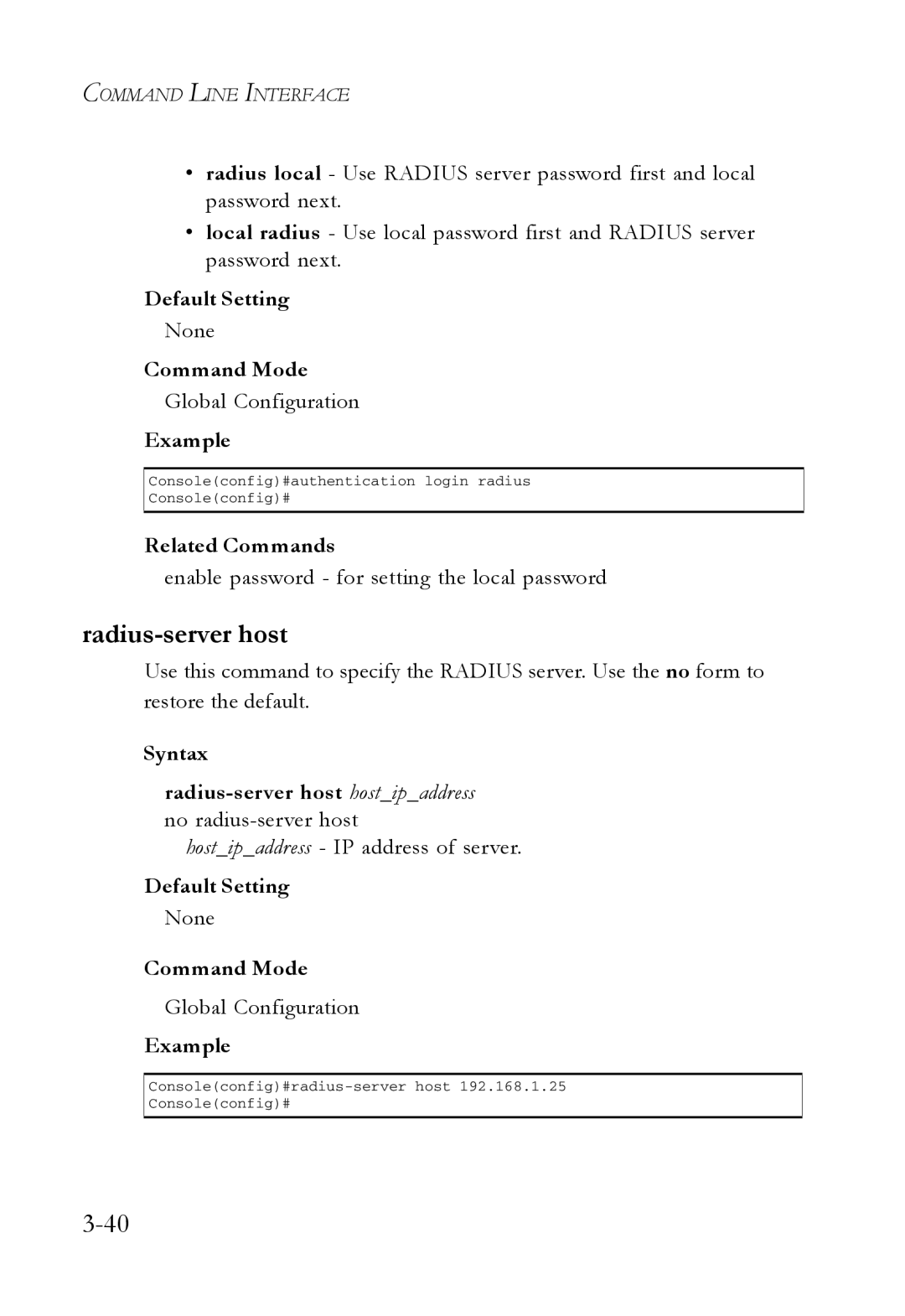 SMC Networks SMC7724M/VSW manual Radius-server host, Enable password for setting the local password 