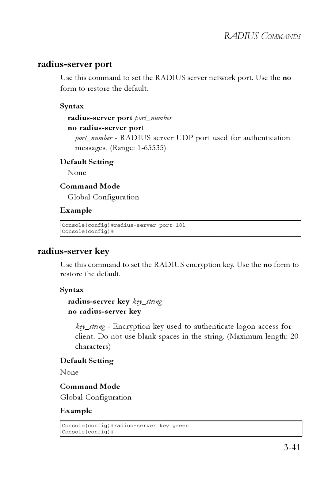 SMC Networks SMC7724M/VSW manual Radius-server port, Syntax Radius-server key keystring no radius-server key 