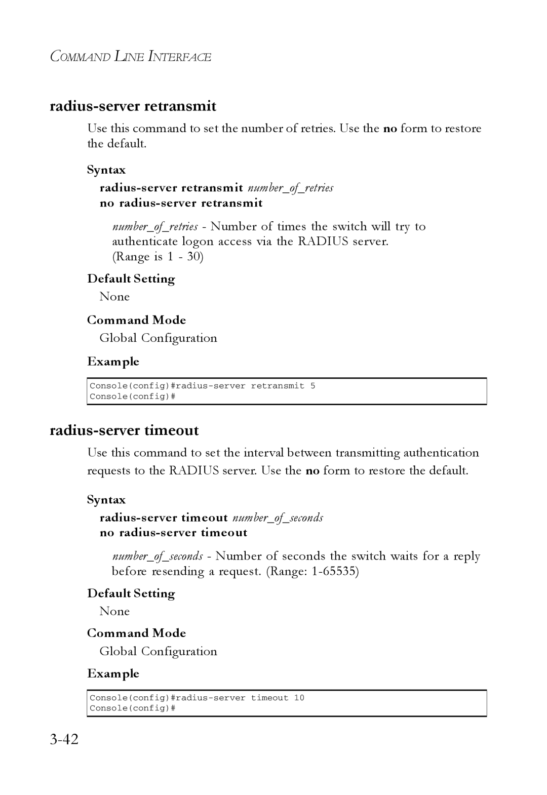 SMC Networks SMC7724M/VSW manual Radius-server retransmit, Radius-server timeout 