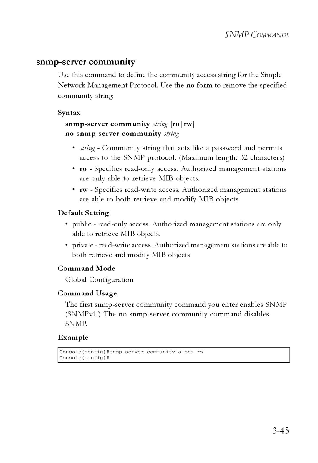 SMC Networks SMC7724M/VSW manual Snmp-server community, Global Configuration 