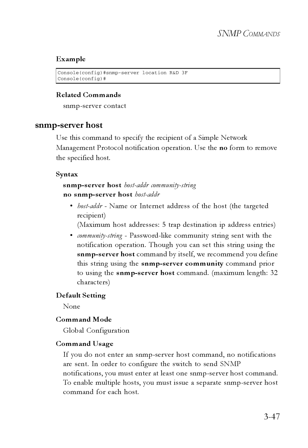 SMC Networks SMC7724M/VSW manual Snmp-server host, Snmp-server contact 