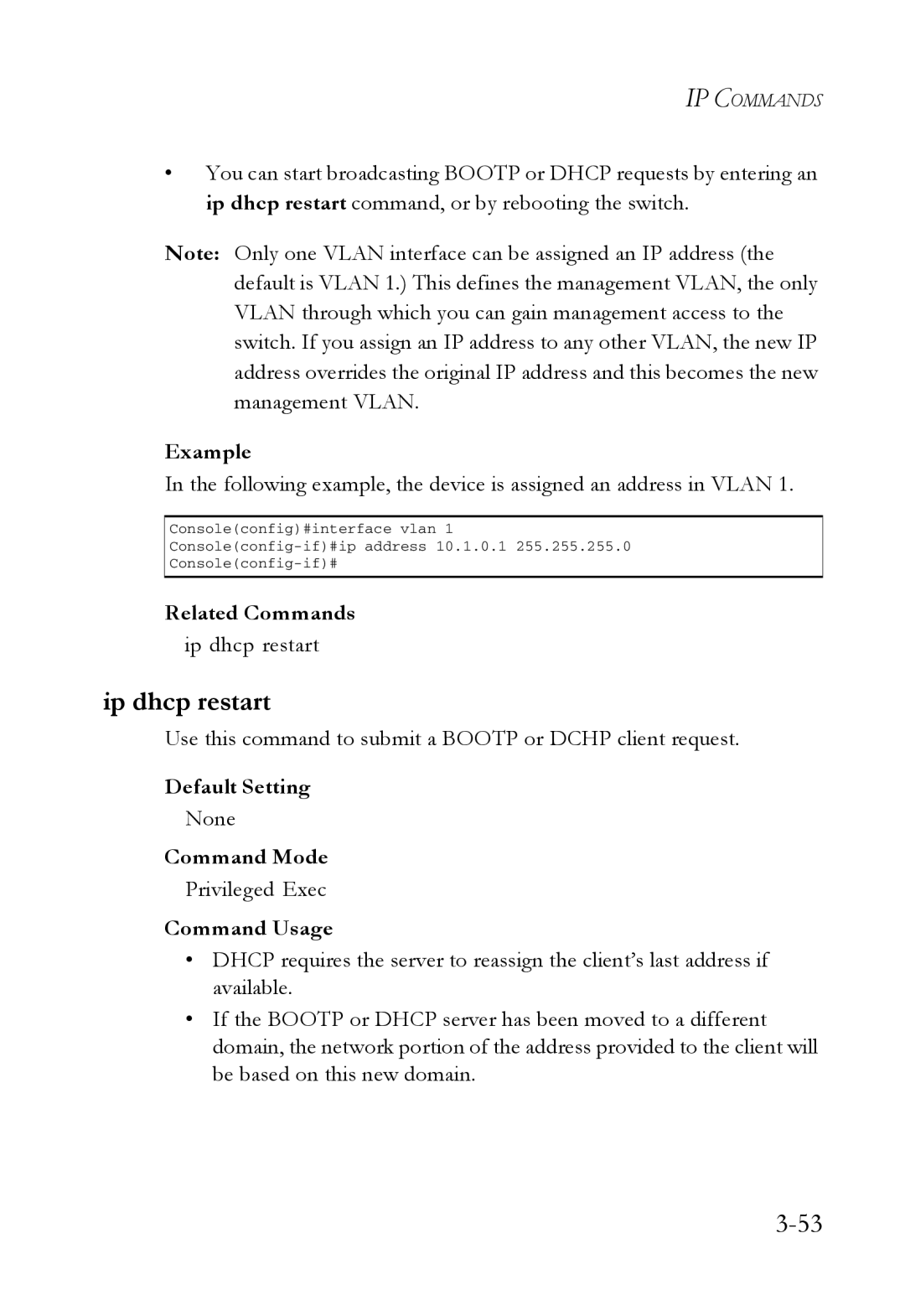 SMC Networks SMC7724M/VSW manual Ip dhcp restart, Use this command to submit a Bootp or Dchp client request 