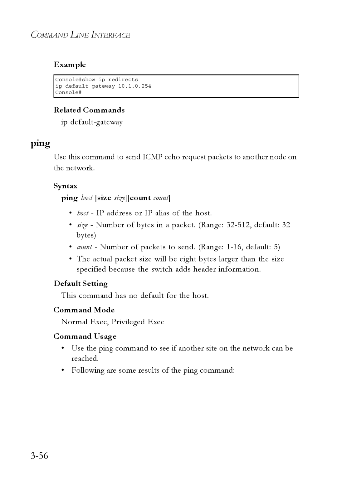 SMC Networks SMC7724M/VSW manual Syntax Ping host size sizecount count, This command has no default for the host 