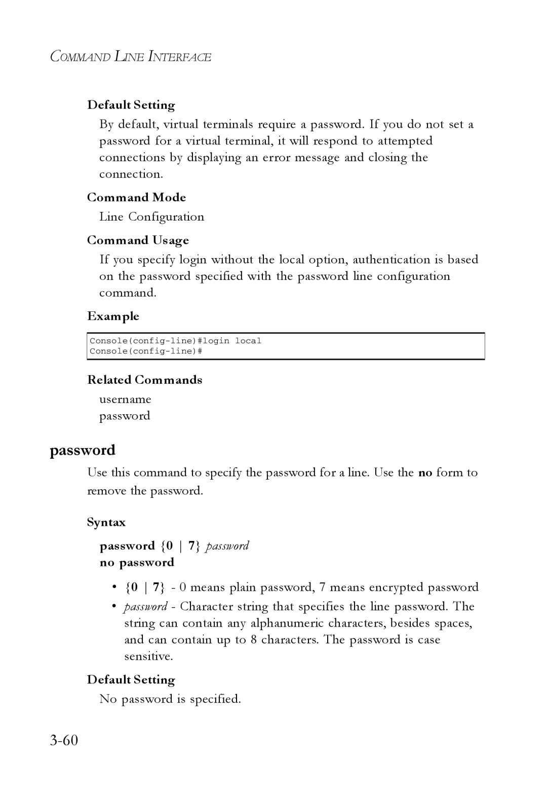 SMC Networks SMC7724M/VSW manual Line Configuration, Username password, Syntax Password 0 7 password no password 