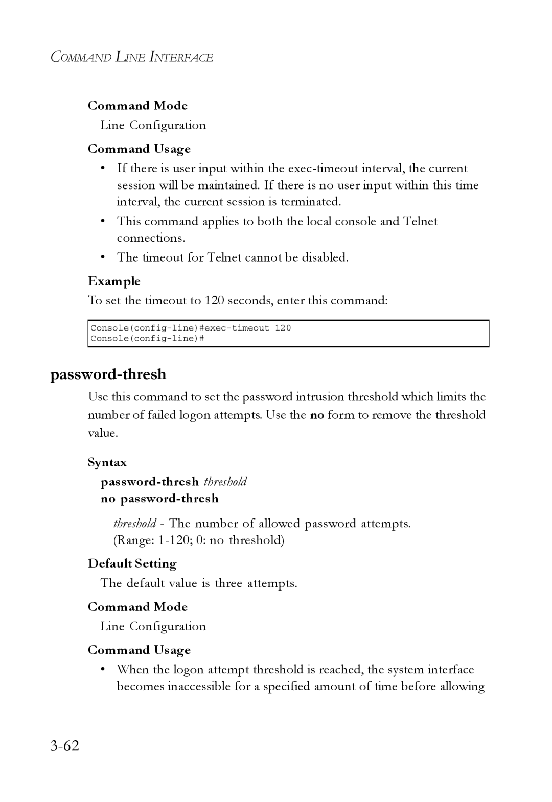 SMC Networks SMC7724M/VSW manual Password-thresh, To set the timeout to 120 seconds, enter this command 