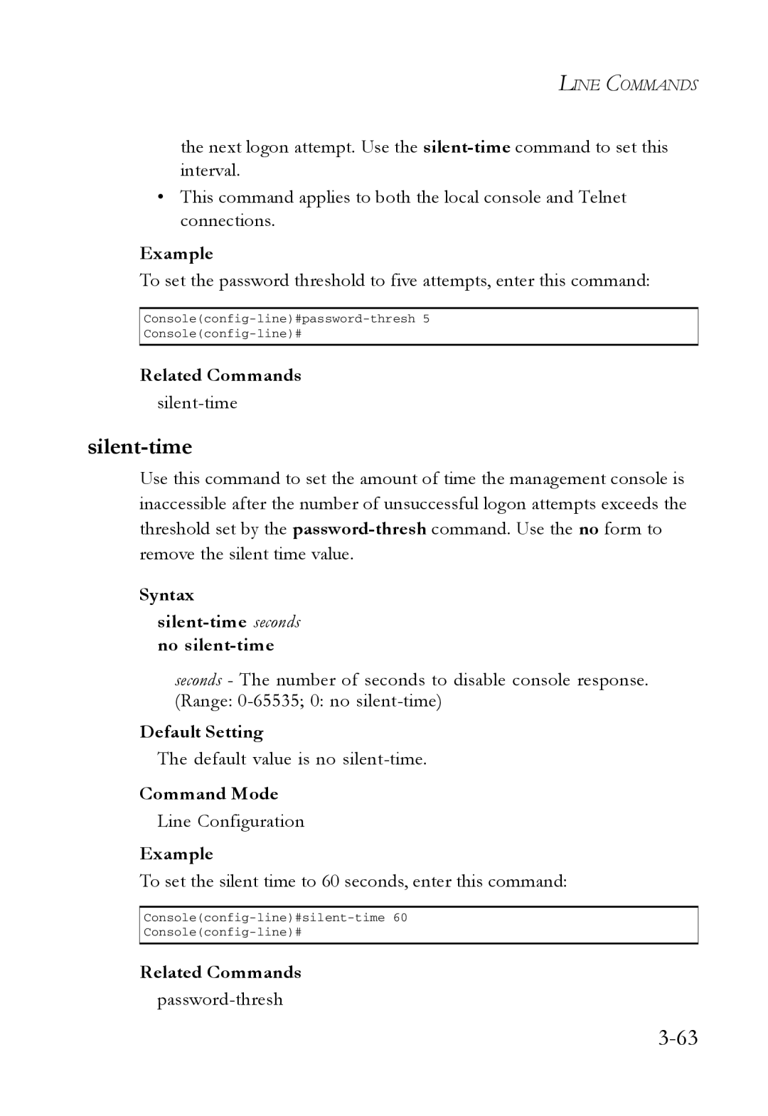 SMC Networks SMC7724M/VSW manual Syntax Silent-time seconds no silent-time, Default value is no silent-time 