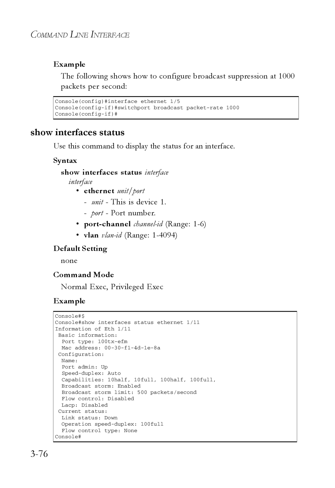 SMC Networks SMC7724M/VSW manual Show interfaces status, Use this command to display the status for an interface 