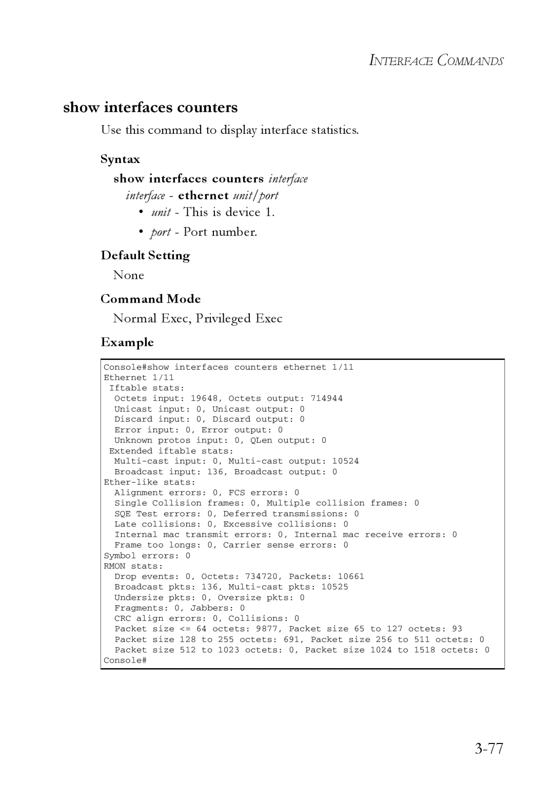 SMC Networks SMC7724M/VSW manual Show interfaces counters, Use this command to display interface statistics 