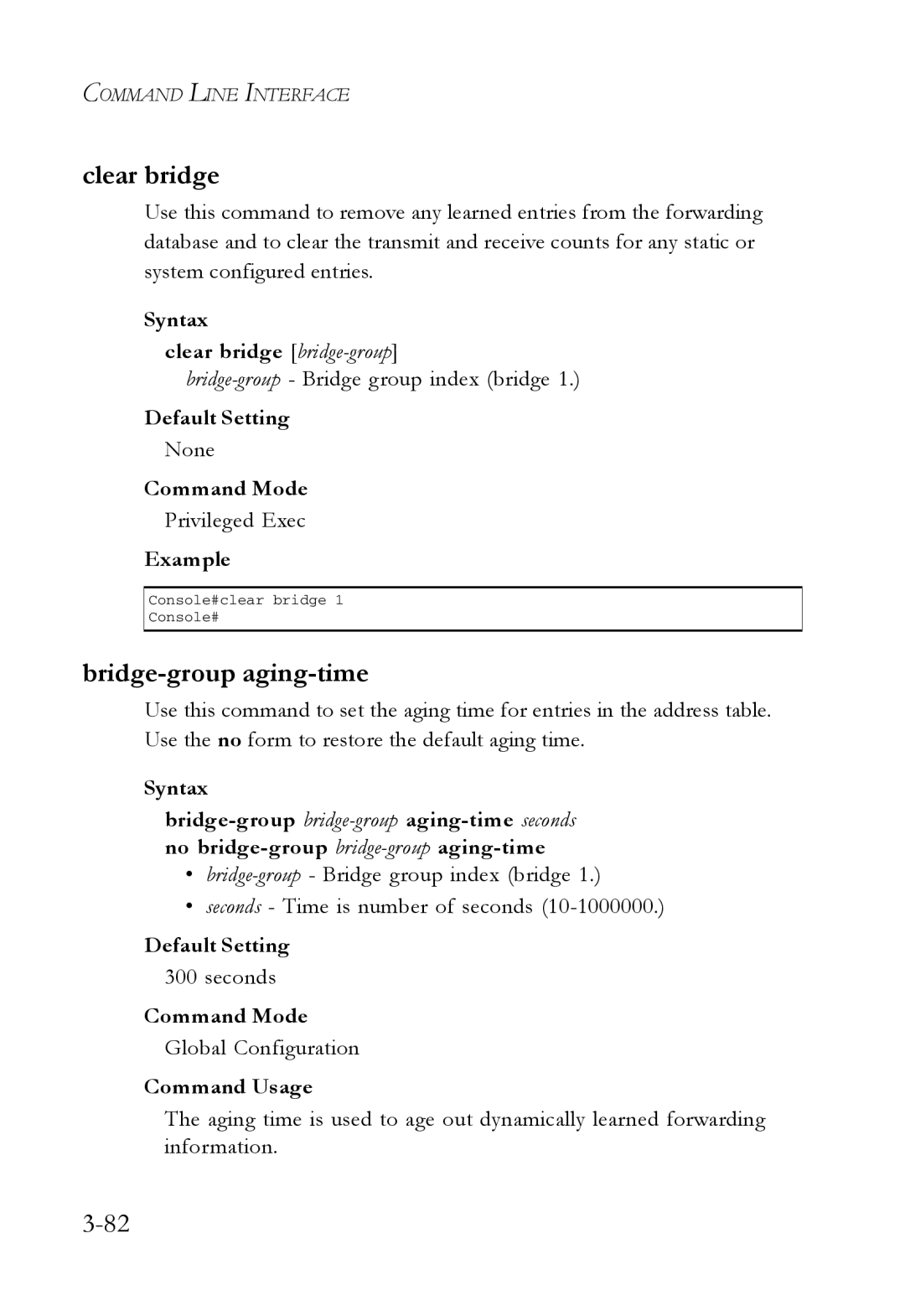 SMC Networks SMC7724M/VSW manual Bridge-group aging-time, Syntax Clear bridge bridge-group, Seconds 