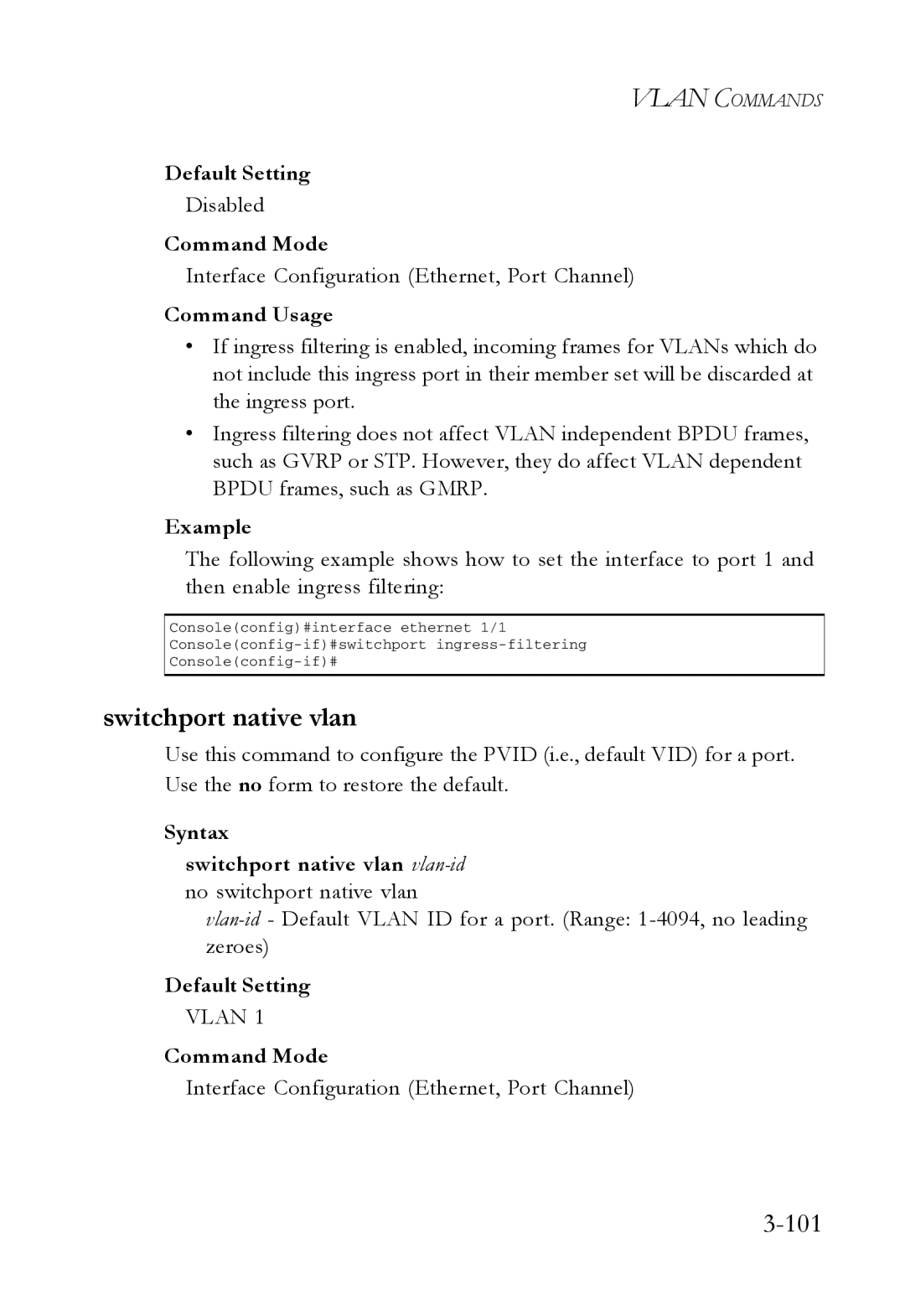 SMC Networks SMC7724M/VSW manual Switchport native vlan, Disabled 