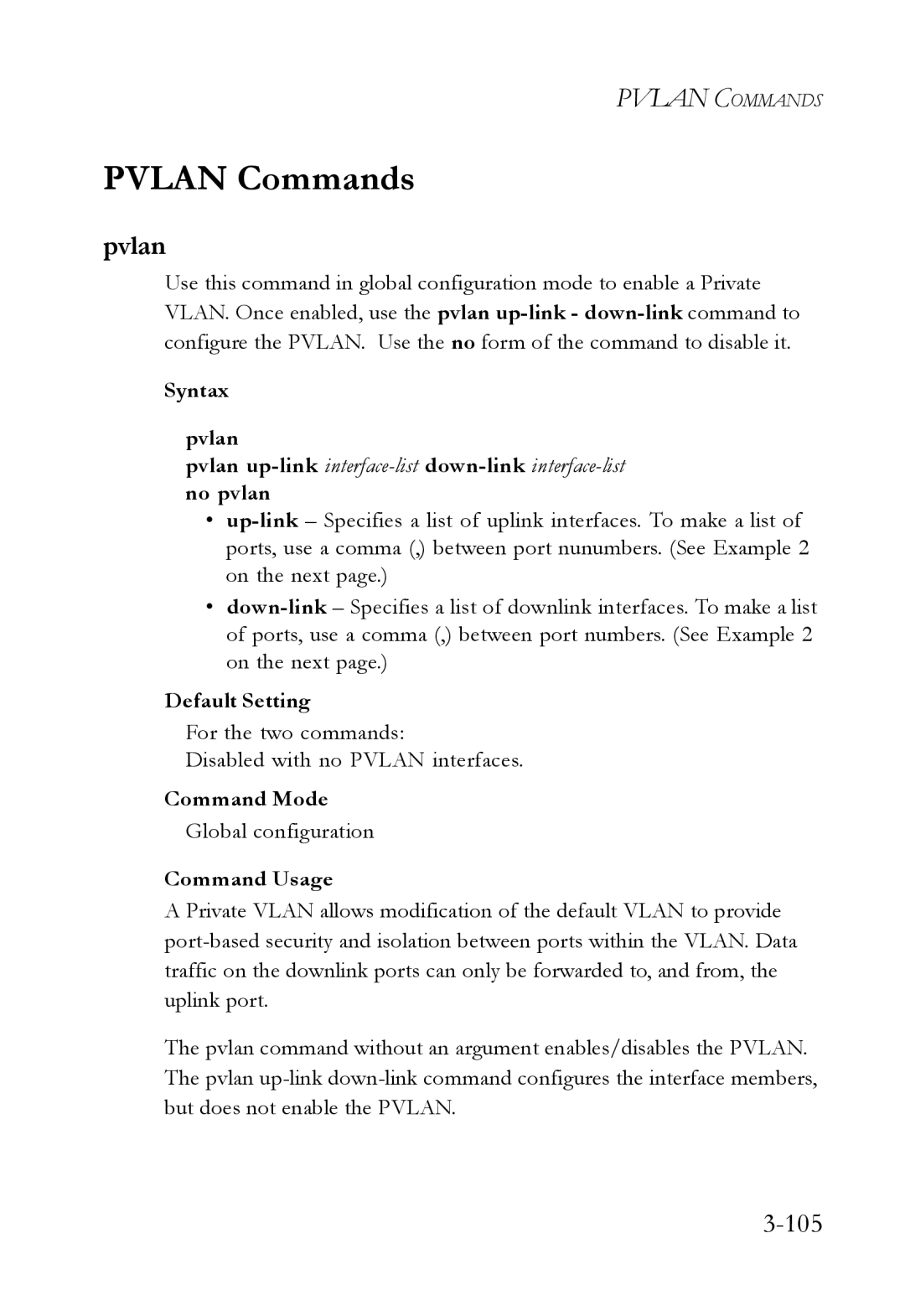 SMC Networks SMC7724M/VSW manual Pvlan Commands, Syntax Pvlan, For the two commands Disabled with no Pvlan interfaces 