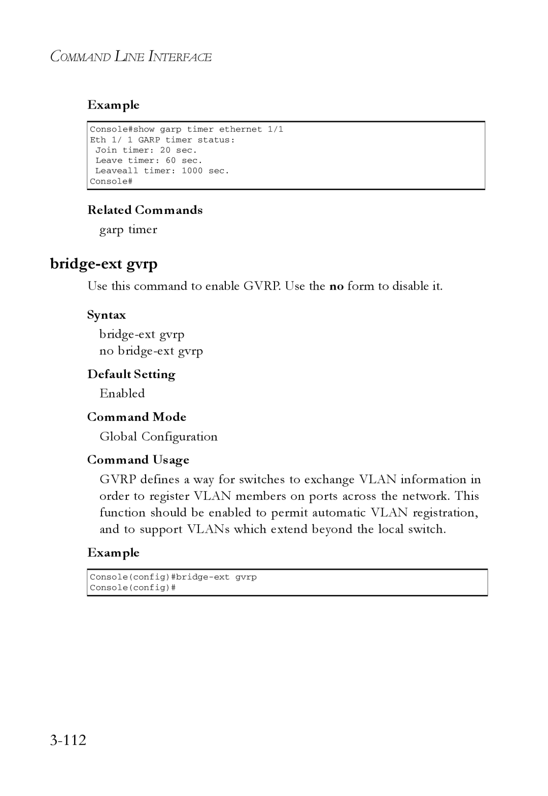 SMC Networks SMC7724M/VSW manual 112, Garp timer, Bridge-ext gvrp no bridge-ext gvrp 