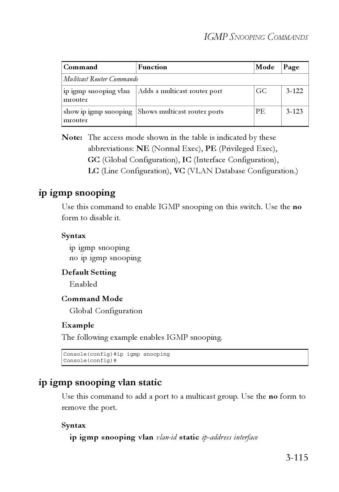 SMC Networks SMC7724M/VSW manual Ip igmp snooping vlan static, 115, Ip igmp snooping no ip igmp snooping 