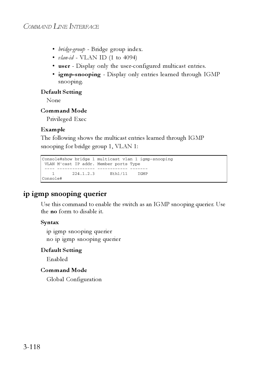 SMC Networks SMC7724M/VSW manual 118, Ip igmp snooping querier no ip igmp snooping querier 