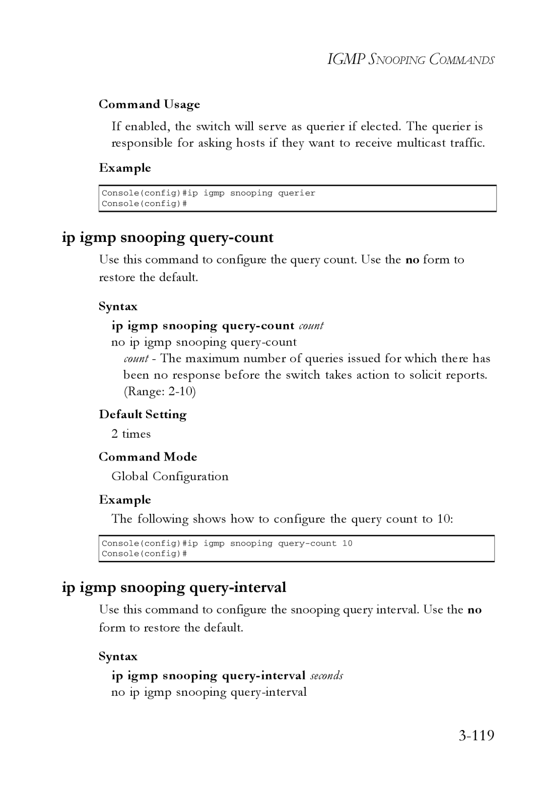 SMC Networks SMC7724M/VSW manual Ip igmp snooping query-count, Ip igmp snooping query-interval, 119, Times 