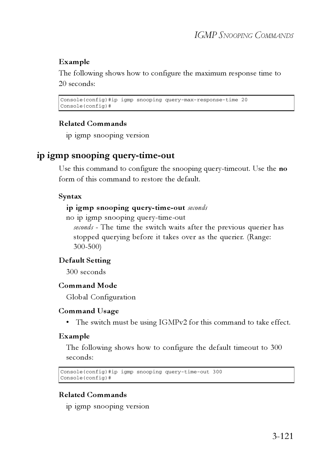 SMC Networks SMC7724M/VSW manual Ip igmp snooping query-time-out, 121, Ip igmp snooping version 