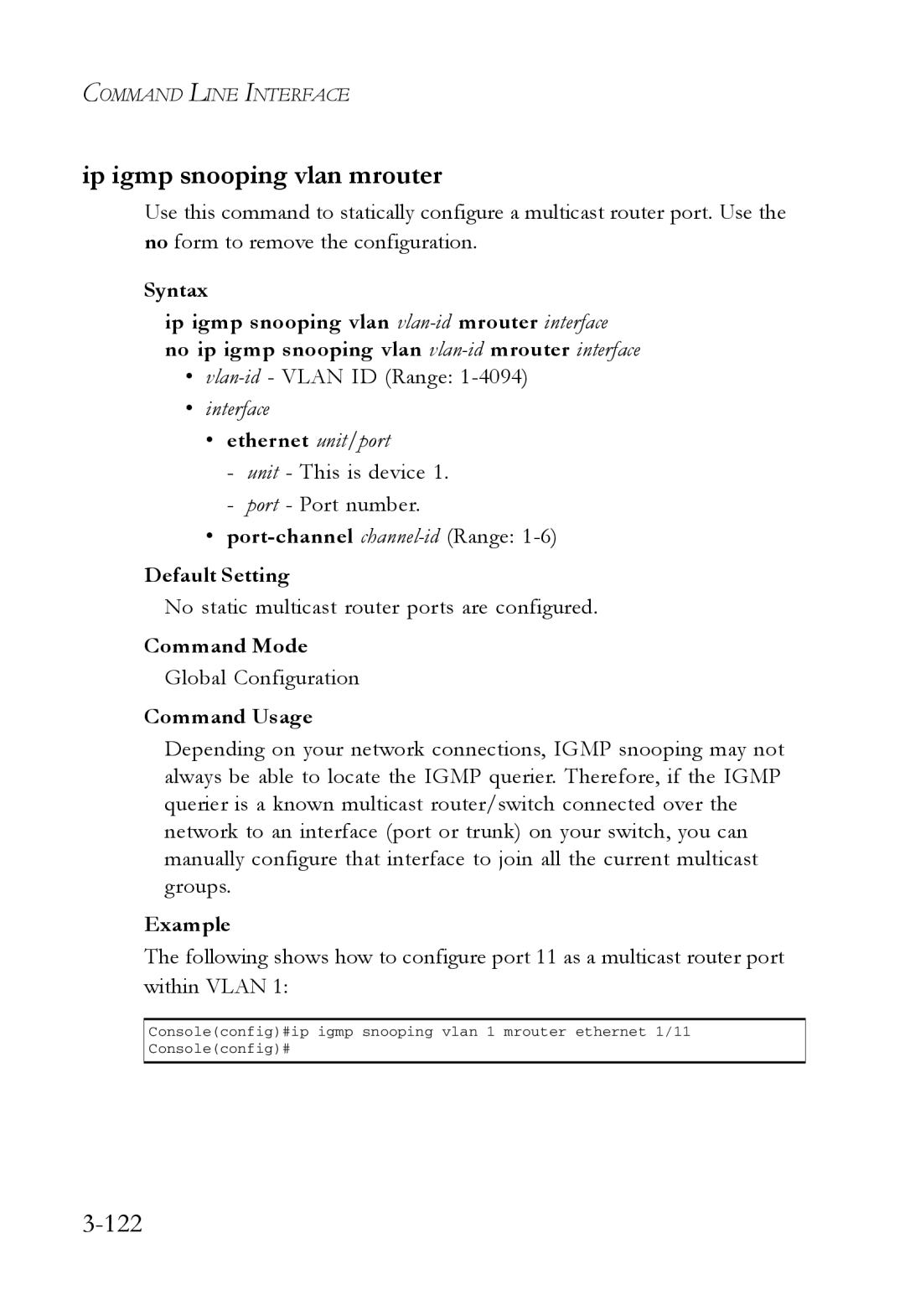 SMC Networks SMC7724M/VSW manual Ip igmp snooping vlan mrouter, 122, No static multicast router ports are configured 