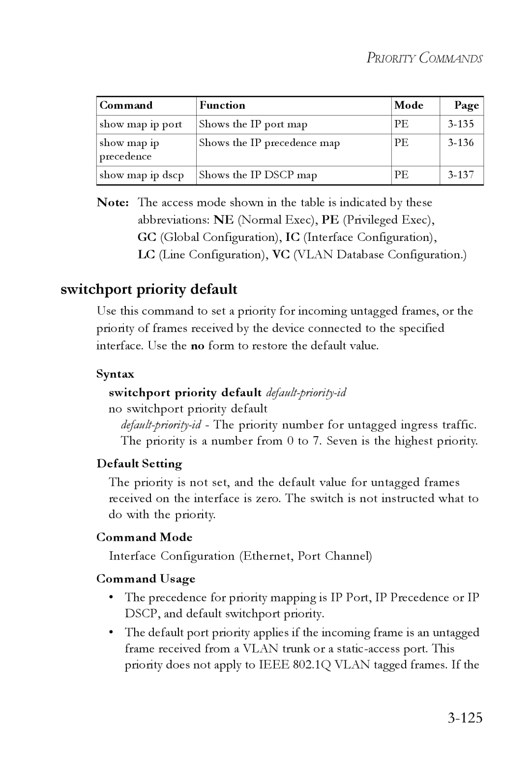 SMC Networks SMC7724M/VSW manual Switchport priority default, 125 