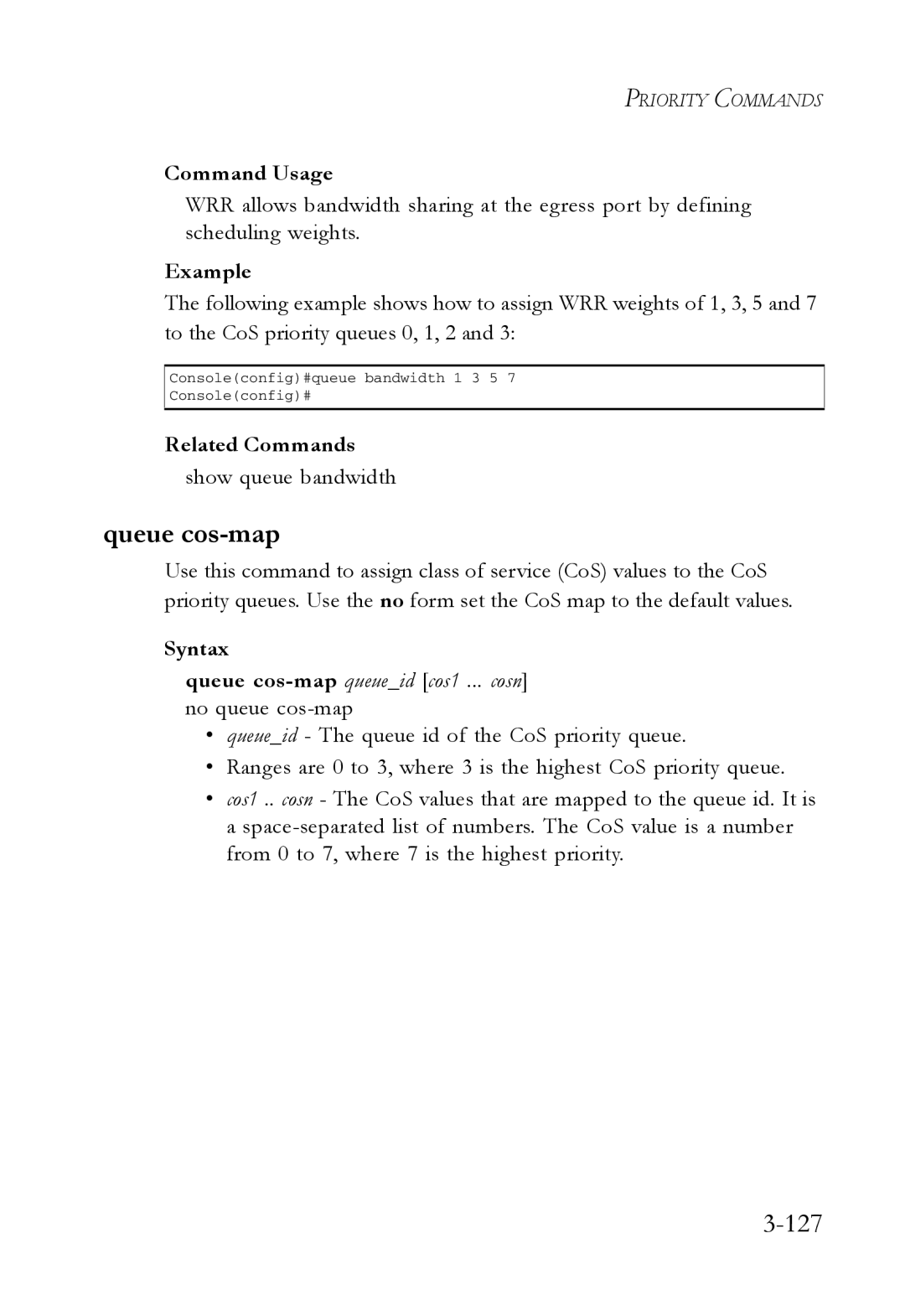 SMC Networks SMC7724M/VSW manual Queue cos-map, 127, Show queue bandwidth 