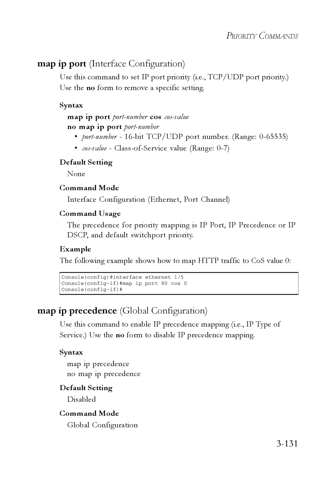 SMC Networks SMC7724M/VSW manual Map ip port Interface Configuration, Map ip precedence Global Configuration, 131 