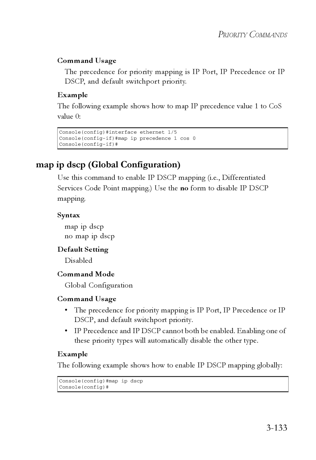 SMC Networks SMC7724M/VSW manual Map ip dscp Global Configuration, 133, Map ip dscp no map ip dscp 