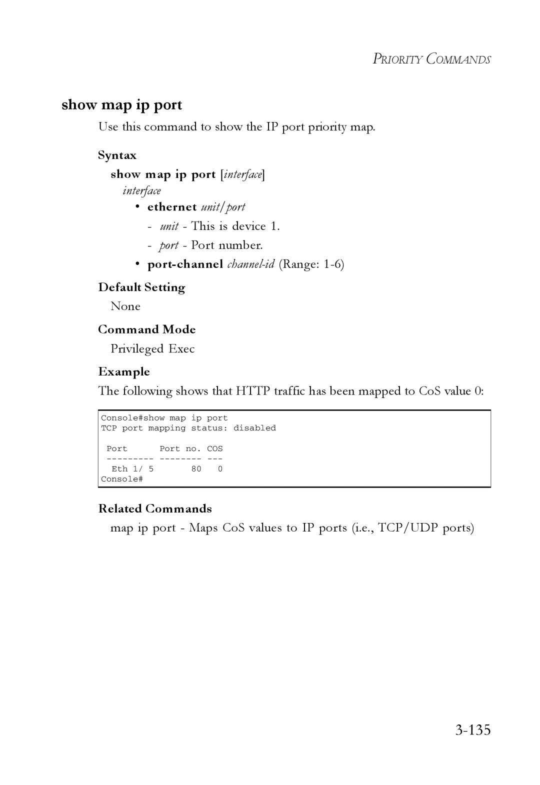 SMC Networks SMC7724M/VSW manual Show map ip port, 135, Use this command to show the IP port priority map 