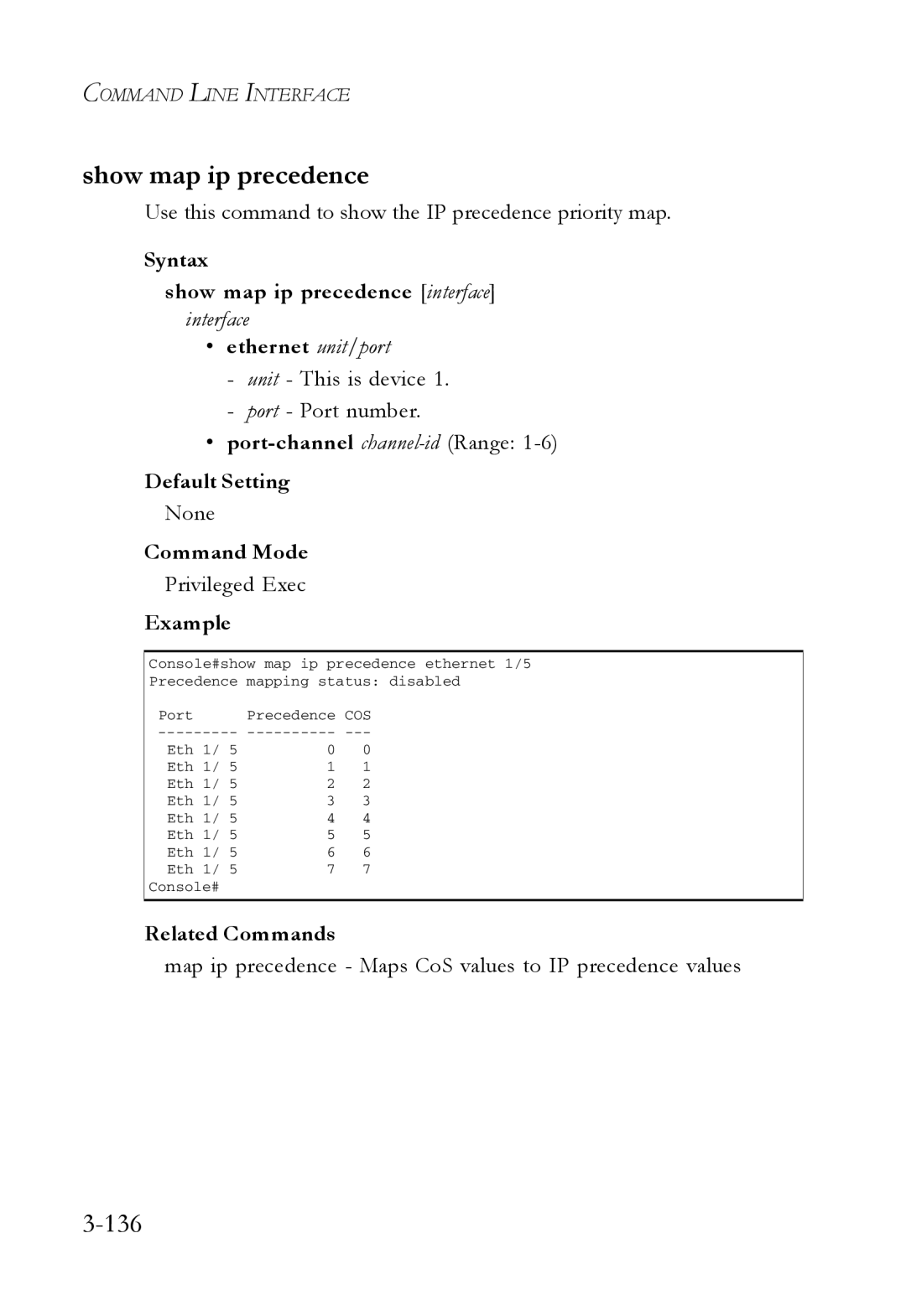 SMC Networks SMC7724M/VSW manual Show map ip precedence, 136, Use this command to show the IP precedence priority map 