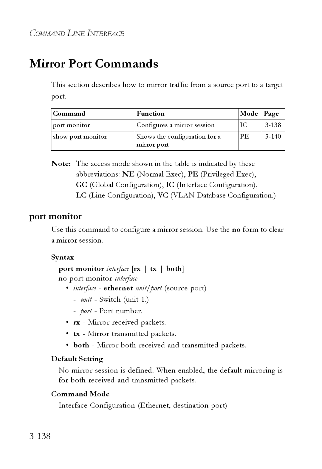 SMC Networks SMC7724M/VSW Mirror Port Commands, Port monitor, 138, Interface Configuration Ethernet, destination port 