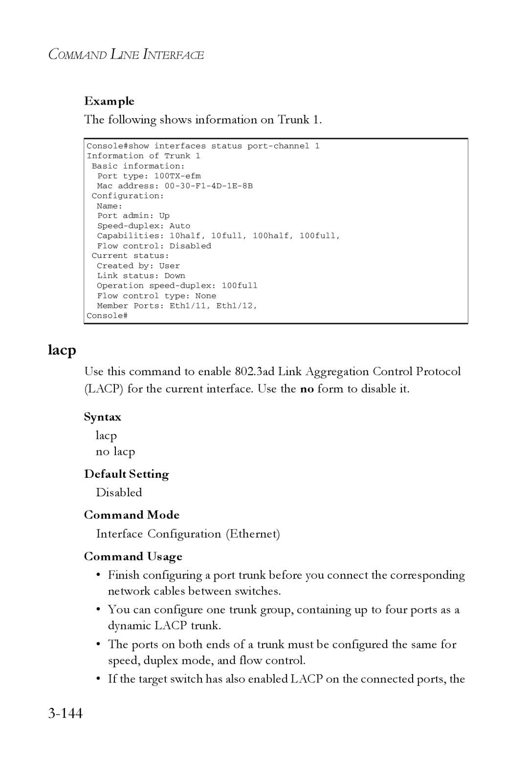 SMC Networks SMC7724M/VSW manual 144, Following shows information on Trunk, Lacp no lacp 