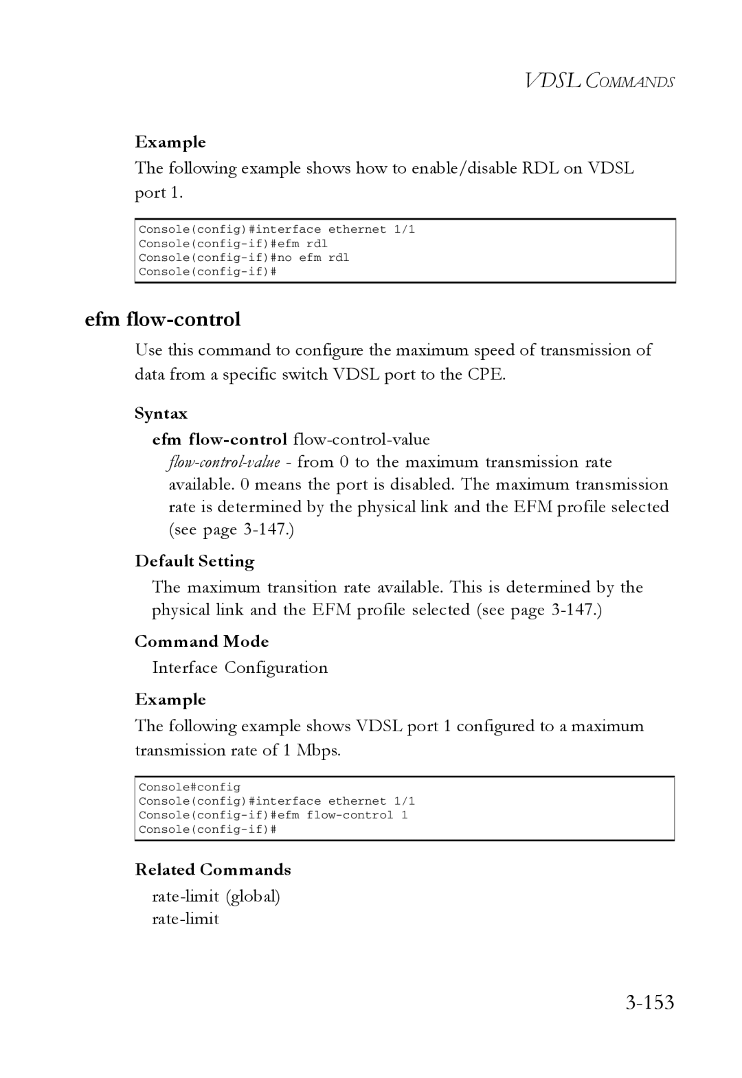 SMC Networks SMC7724M/VSW manual Efm flow-control, 153, Rate-limit global rate-limit 