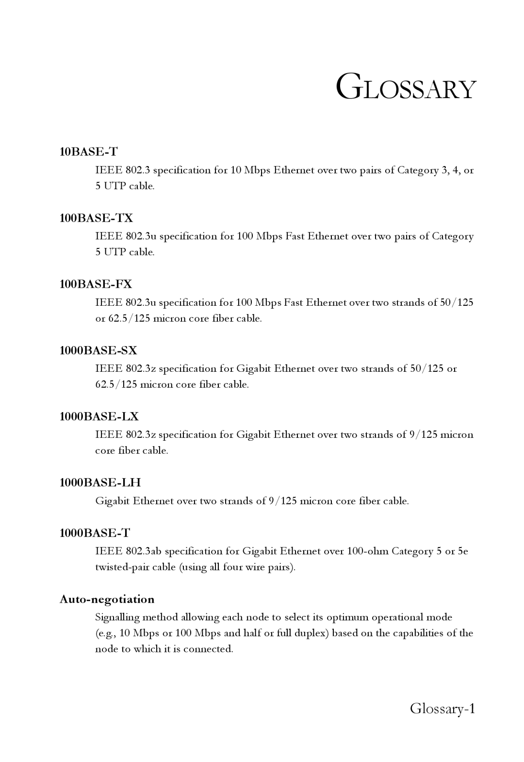 SMC Networks SMC7724M/VSW manual Glossary-1, 1000BASE-T, Auto-negotiation 