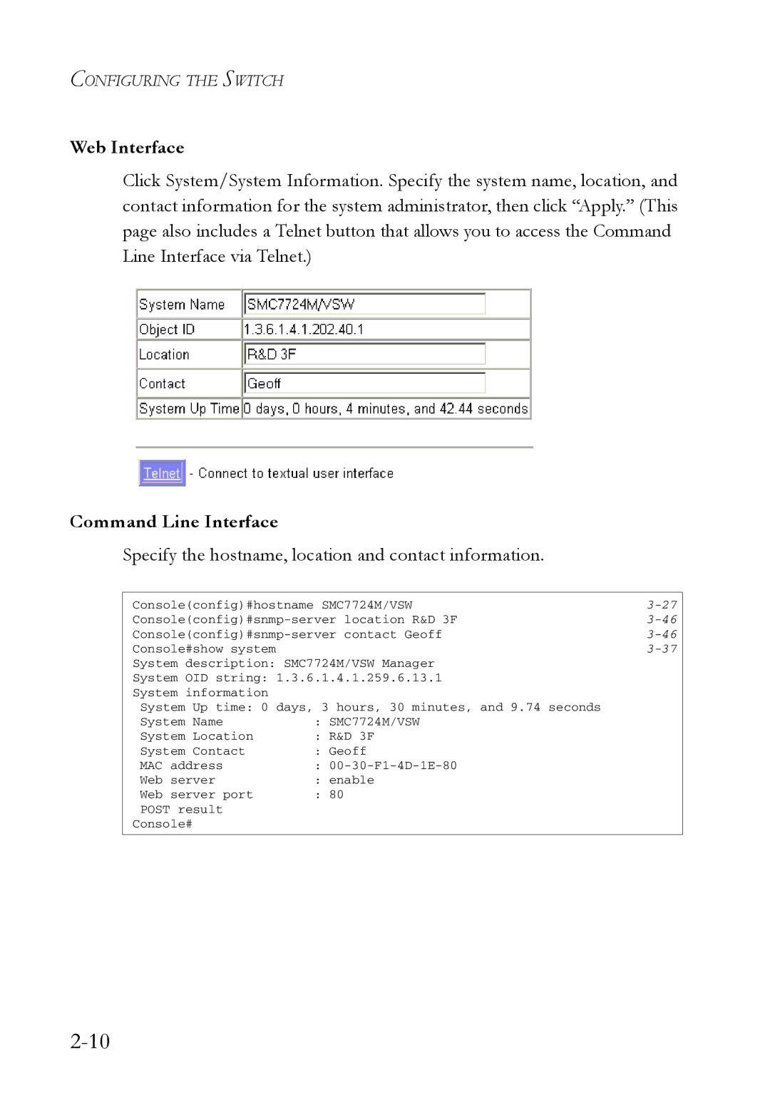 SMC Networks SMC7724M/VSW Web Interface, Command Line Interface, Specify the hostname, location and contact information 