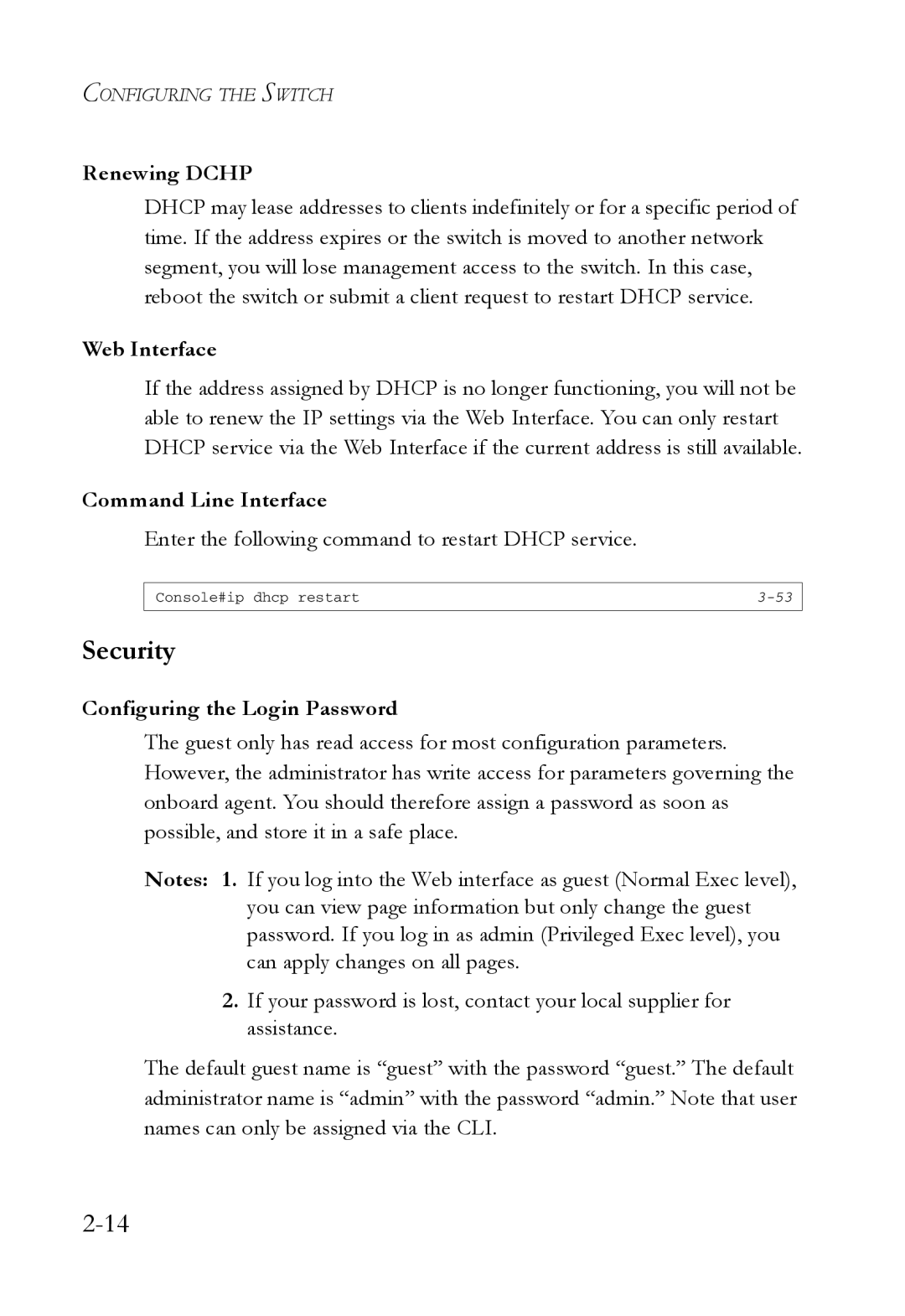 SMC Networks SMC7724M/VSW manual Security, Renewing Dchp, Enter the following command to restart Dhcp service 