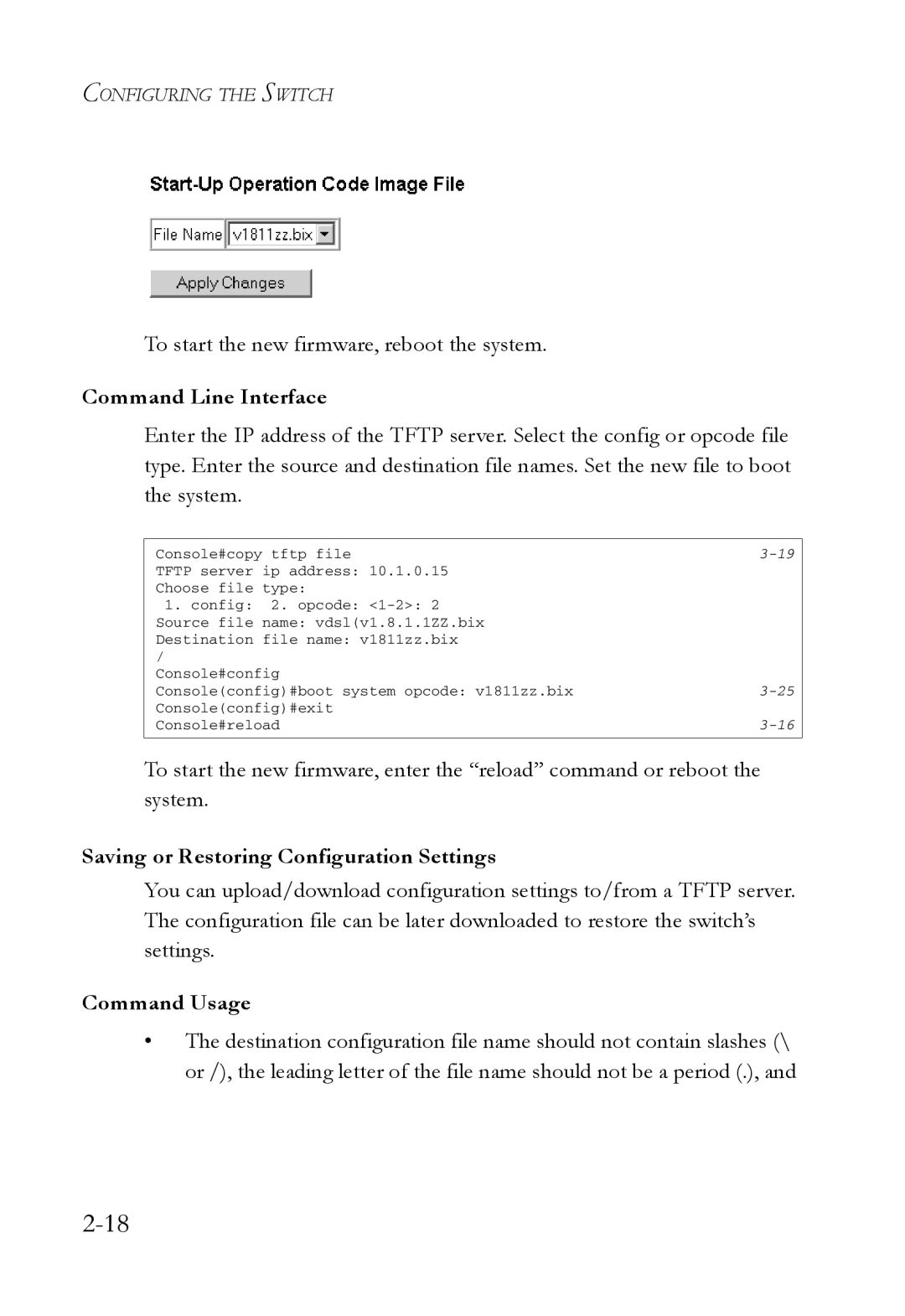 SMC Networks SMC7724M/VSW manual To start the new firmware, reboot the system, Saving or Restoring Configuration Settings 