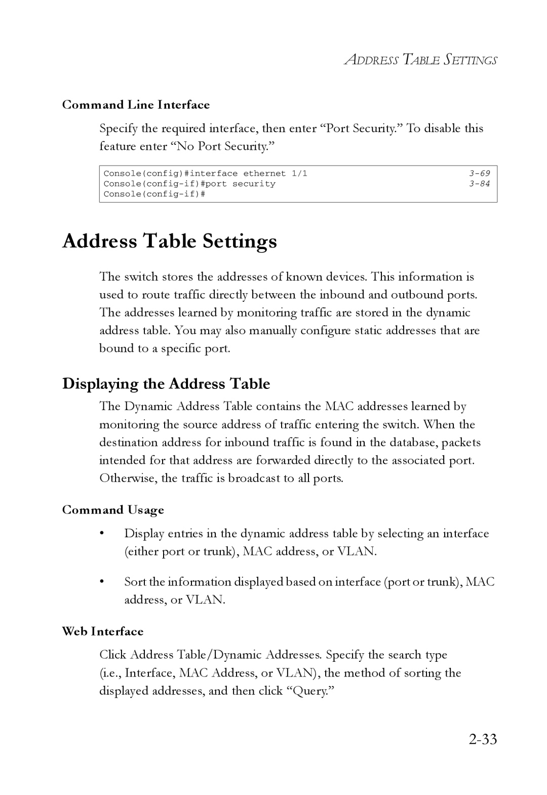 SMC Networks SMC7724M/VSW manual Address Table Settings, Displaying the Address Table 