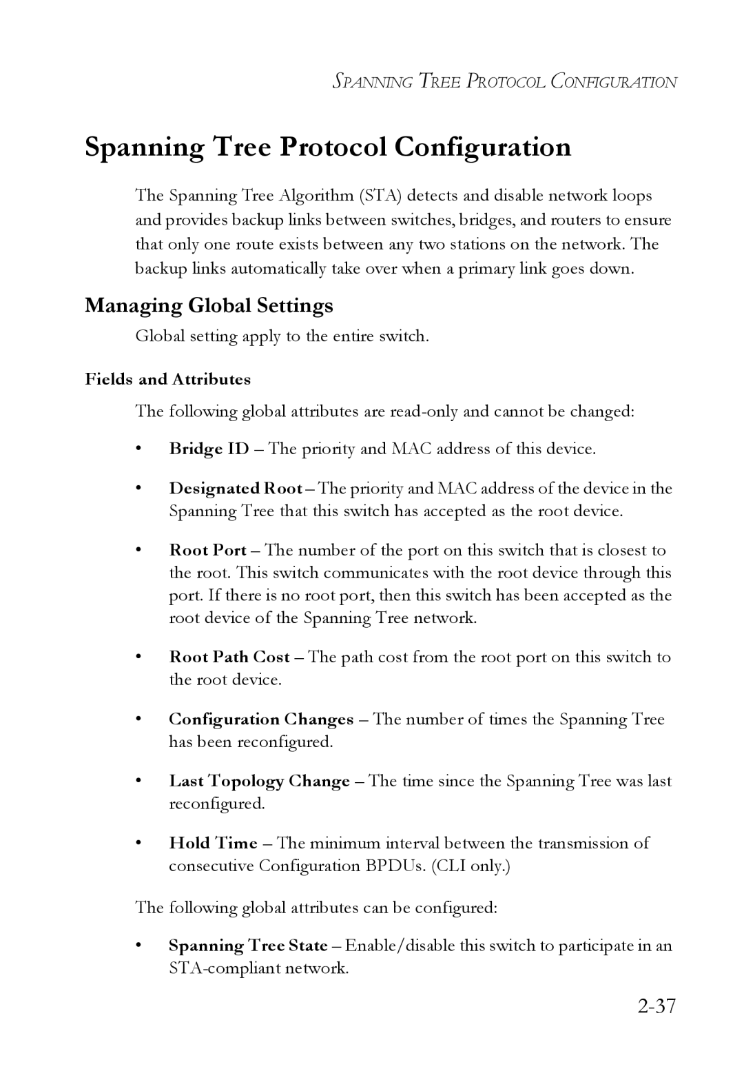 SMC Networks SMC7724M/VSW manual Spanning Tree Protocol Configuration, Managing Global Settings 