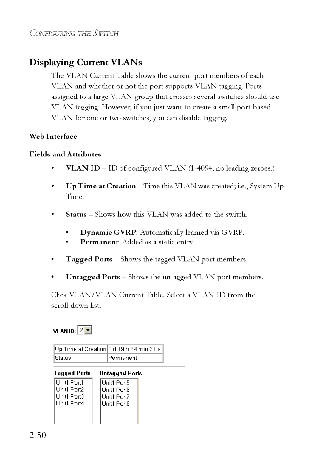 SMC Networks SMC7724M/VSW manual Displaying Current VLANs, Web Interface Fields and Attributes 