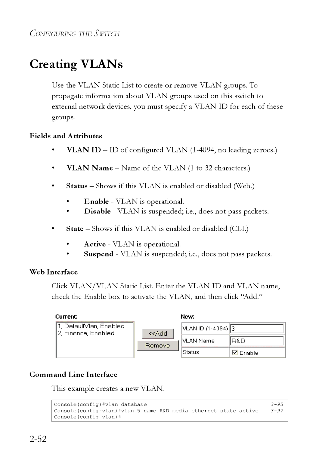 SMC Networks SMC7724M/VSW manual Creating VLANs, This example creates a new Vlan 