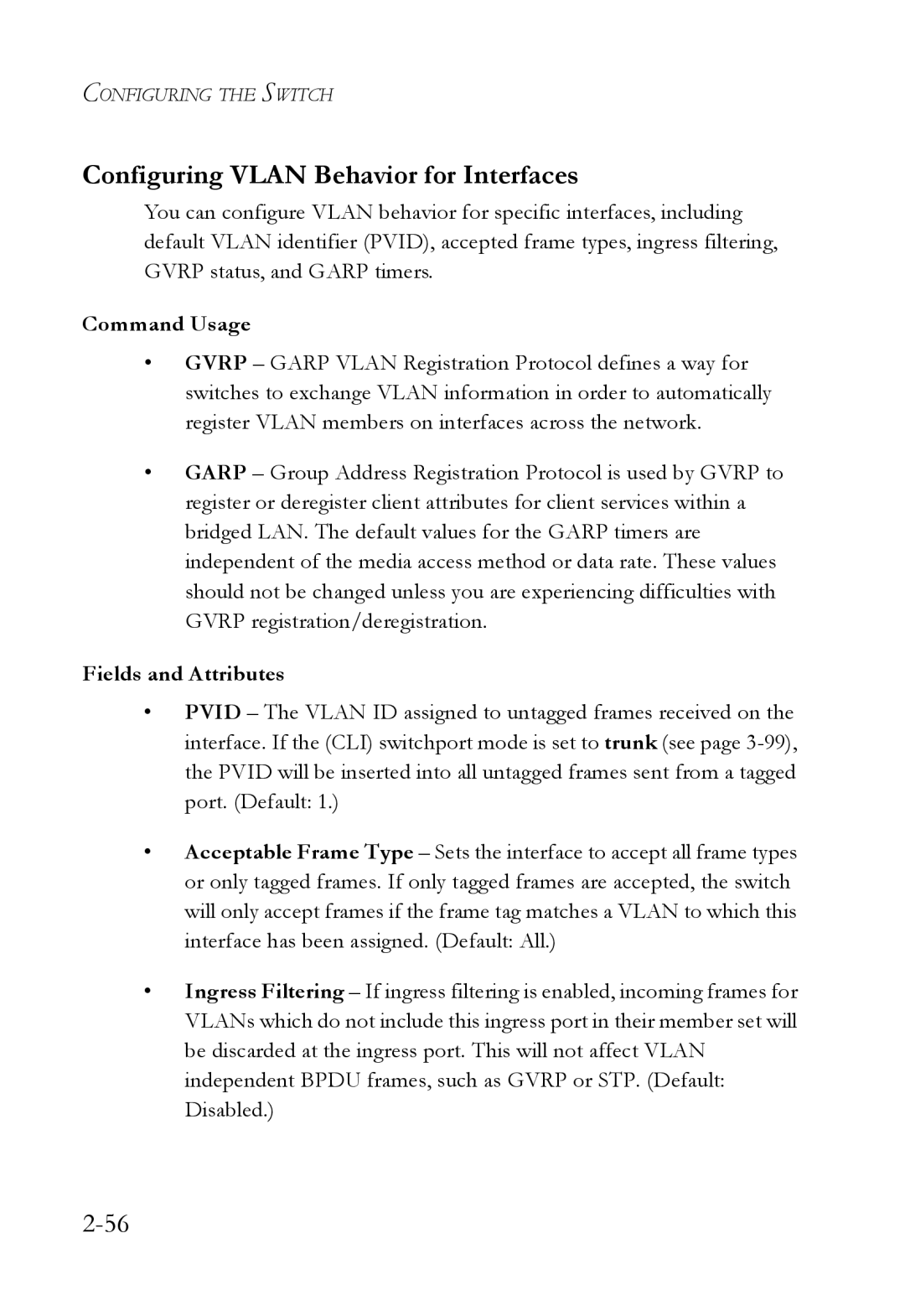 SMC Networks SMC7724M/VSW manual Configuring Vlan Behavior for Interfaces, Command Usage 