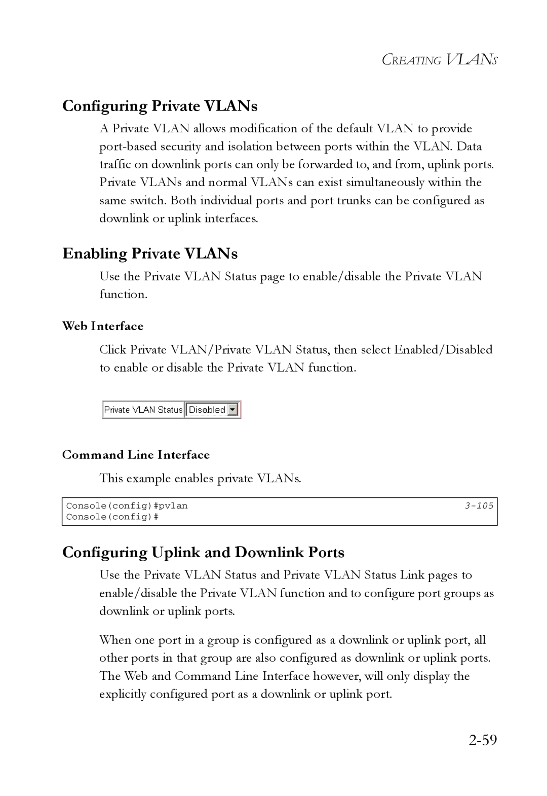 SMC Networks SMC7724M/VSW manual Configuring Private VLANs, Enabling Private VLANs, Configuring Uplink and Downlink Ports 