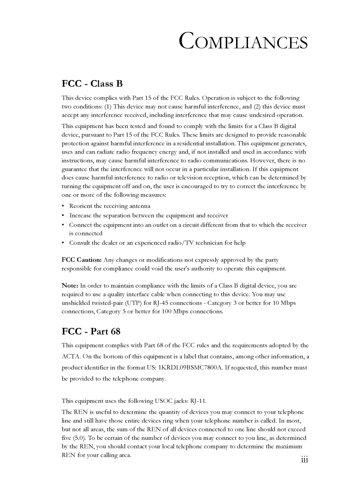 SMC Networks SMC7800A/VCP manual Compliances, FCC Class B, FCC Part 