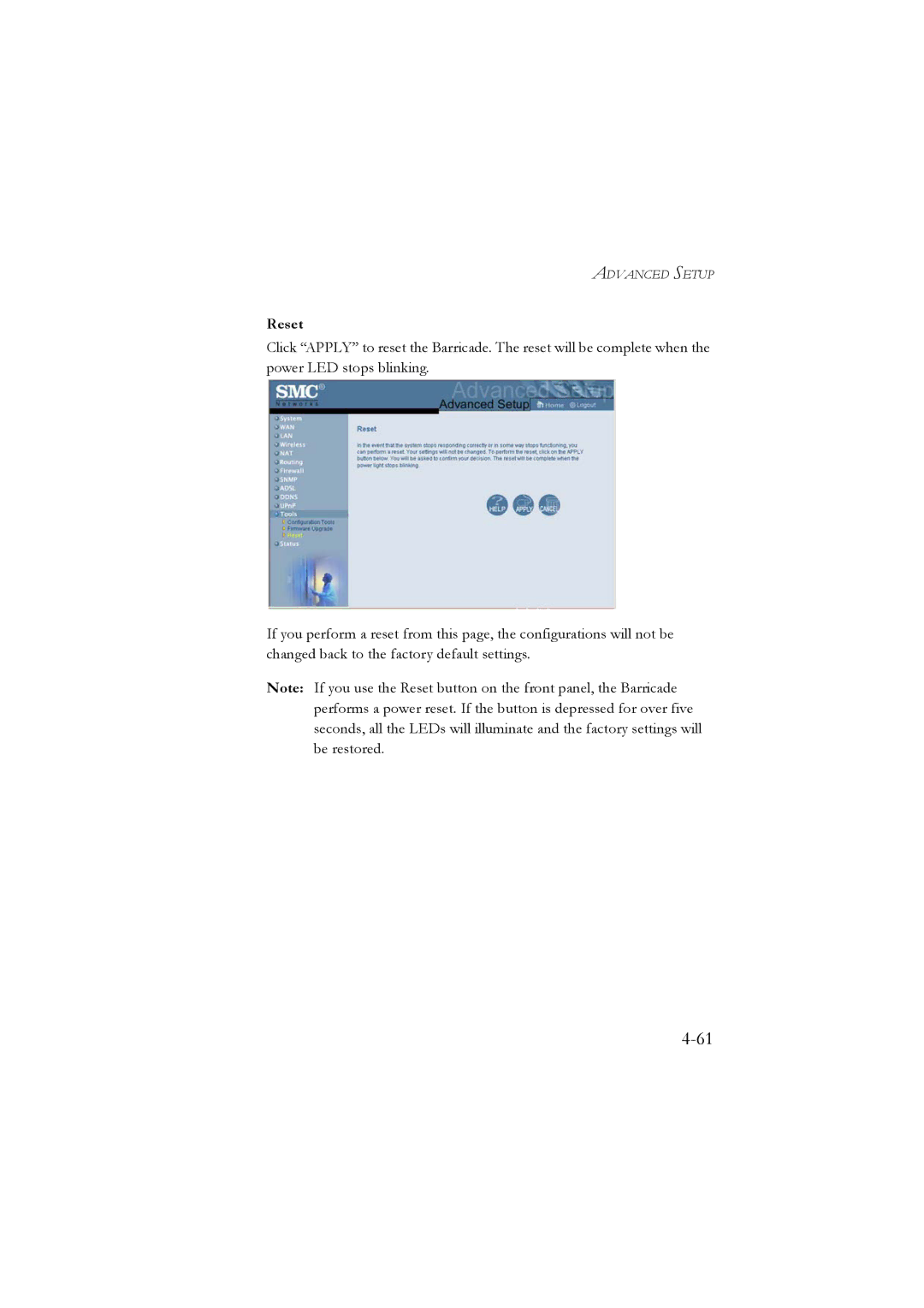 SMC Networks SMC7804WBRA manual Reset 