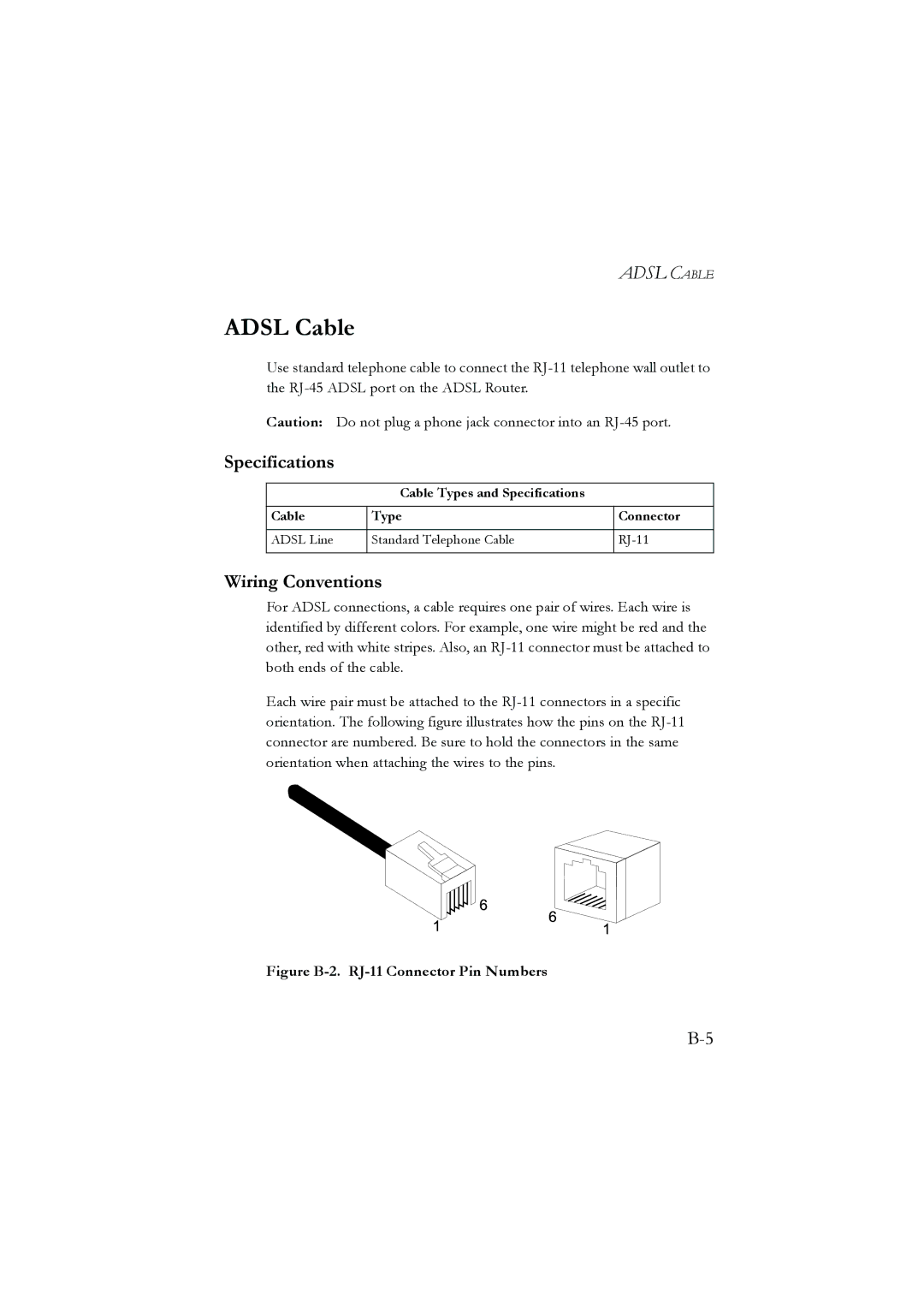 SMC Networks SMC7804WBRA manual Adsl Cable, Figure B-2. RJ-11 Connector Pin Numbers 