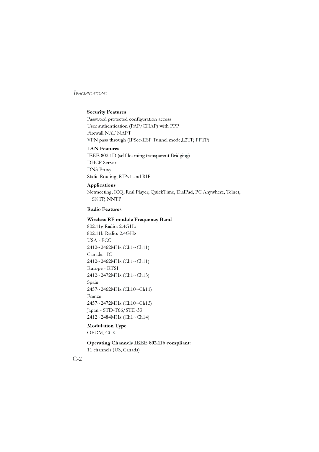 SMC Networks SMC7804WBRA manual Security Features, LAN Features, Applications, Modulation Type 