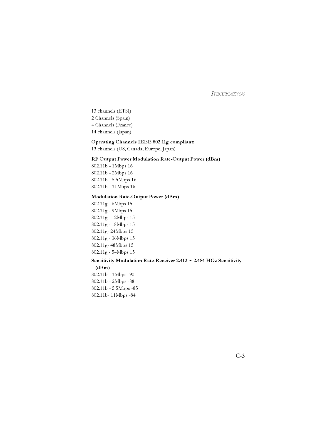 SMC Networks SMC7804WBRA manual Operating Channels Ieee 802.11g compliant, Modulation Rate-Output Power dBm 802.11g 6Mbps 