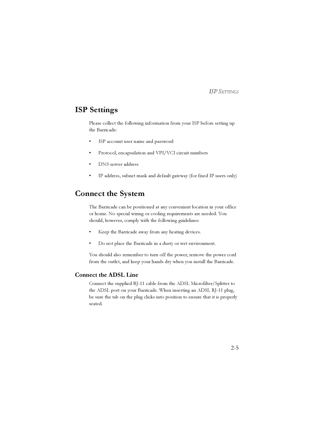 SMC Networks SMC7804WBRA manual ISP Settings, Connect the System, Connect the Adsl Line 